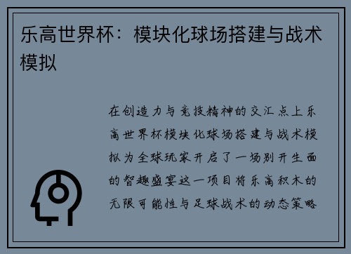 乐高世界杯：模块化球场搭建与战术模拟
