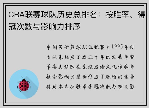 CBA联赛球队历史总排名：按胜率、得冠次数与影响力排序